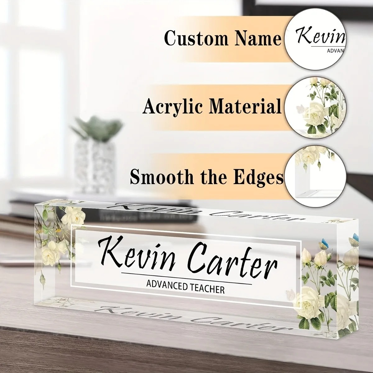 Desk Name Plate - [2D Flat] Custom Floral Acrylic Office